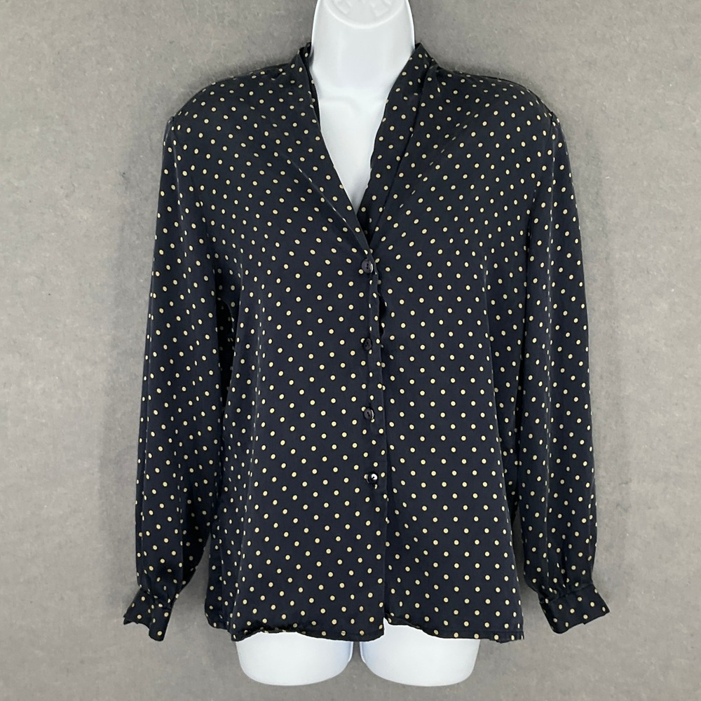 Liz Claiborne Vintage 90s Top 100% Silk Blouse Women's Sz 8 Polka Dot‎ Button Up